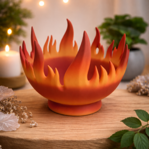 Bol flamme rouge et orange imprimé en 3D en PLA biosourcé, coupe décorative design moderne pour salon, entrée ou décoration intérieure.