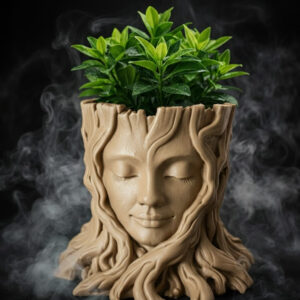 Cache-pot décoratif visage féminin effet bois avec plante non incluse