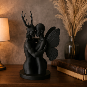 Statue décorative d'un ange et d'un démon enlacés de couleur noire, posée sur un meuble en bois.