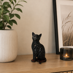 Chat décoratif design ajouré en impression 3D noir et rouge