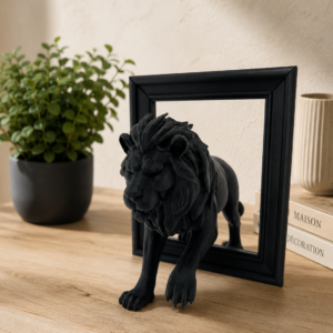 Statue lion 3D noir mat sortant de son cadre déco moderne