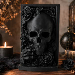 Serre-livres tête de mort en impression 3D noir mat posé dans une ambiance gothique avec bougie et grimoire.