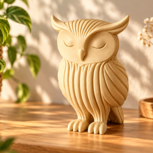 Chouette décorative beige en impression 3D sur une table en bois, avec plantes vertes et décoration naturelle