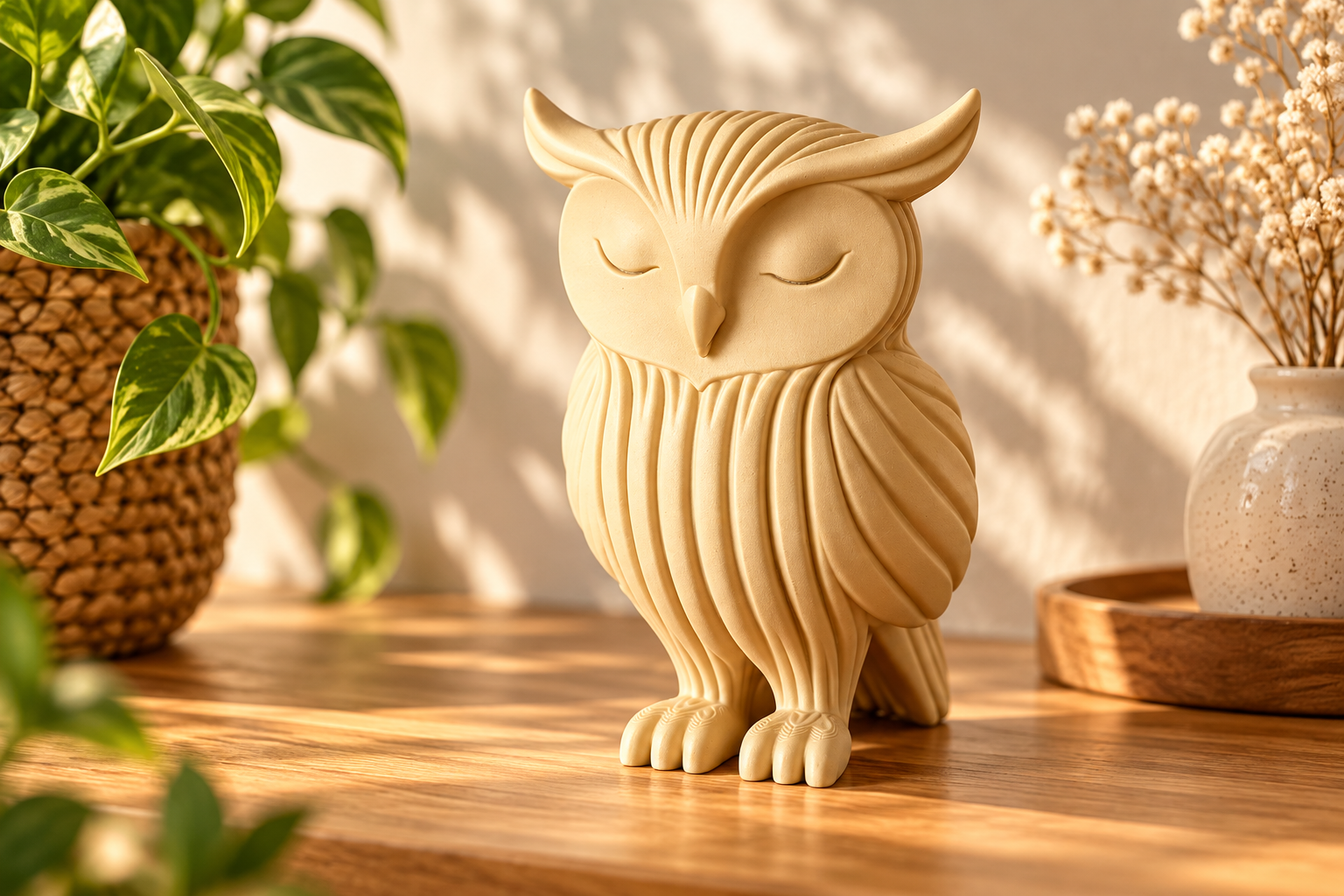 Chouette décorative beige en impression 3D sur une table en bois, avec plantes vertes et décoration naturelle