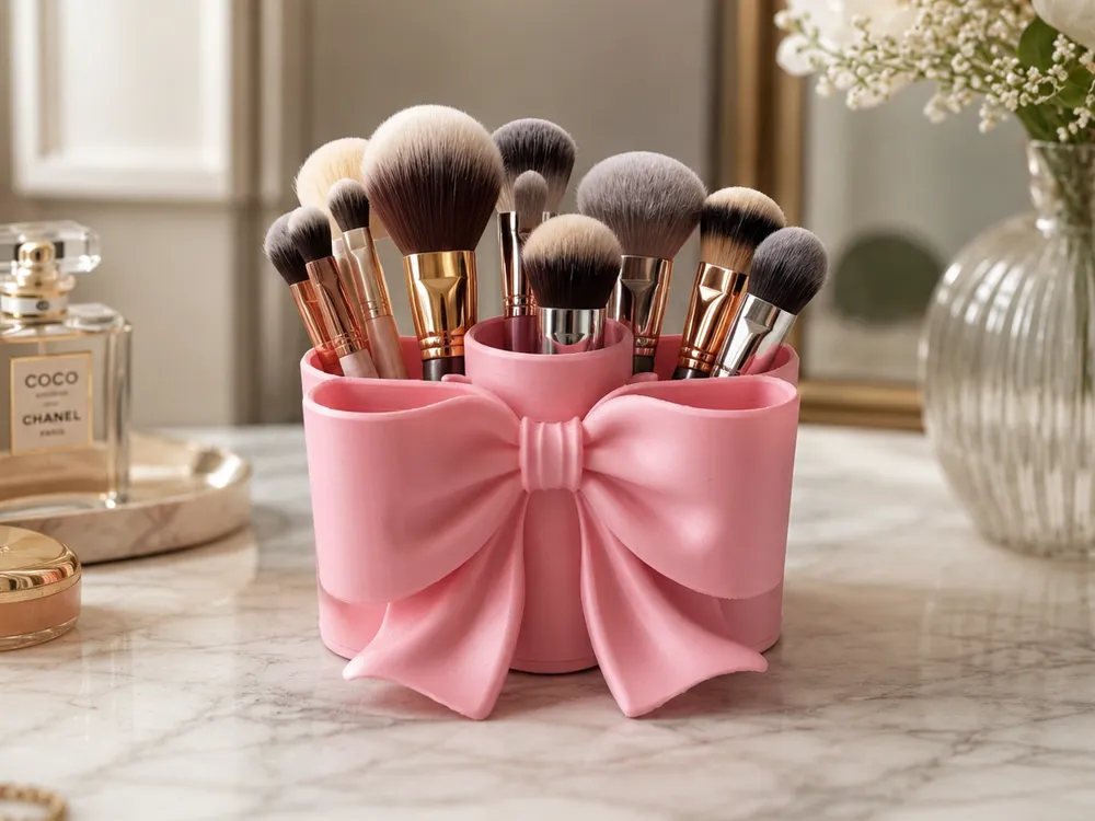 Porte-pinceaux de maquillage rose pastel en forme de nœud avec pinceaux, décoration de coiffeuse