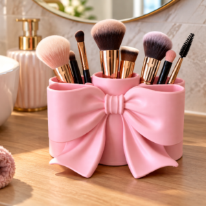 Porte-pinceaux de maquillage rose pastel en forme de nœud, présenté dans une salle de bain élégante