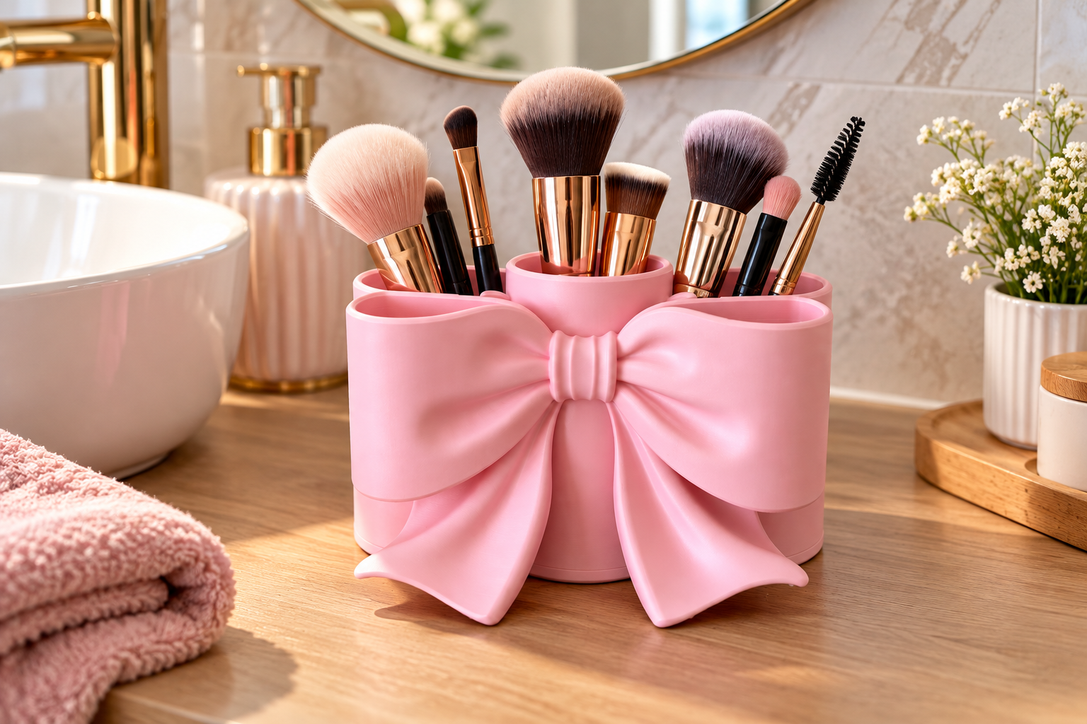 Porte-pinceaux de maquillage rose pastel en forme de nœud, présenté dans une salle de bain élégante